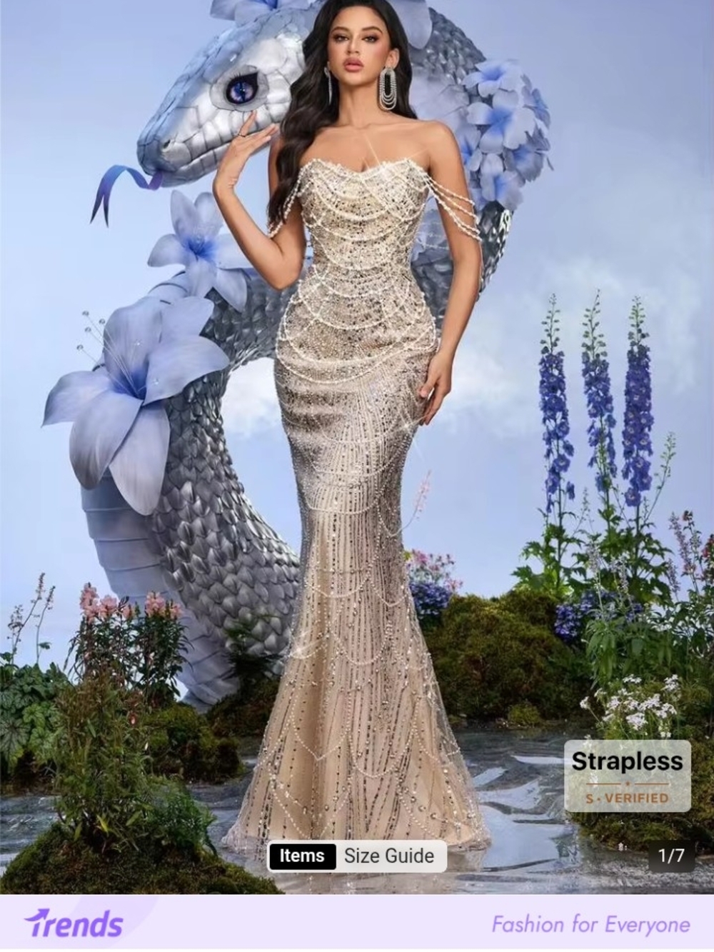 Luvistrue women's elegant pearl embellishBeaded Champagne Strapless Evening Gown